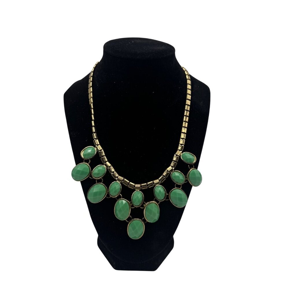 Gold Tone Statement Necklace Green Faceted Acrylic Stones Bib Design